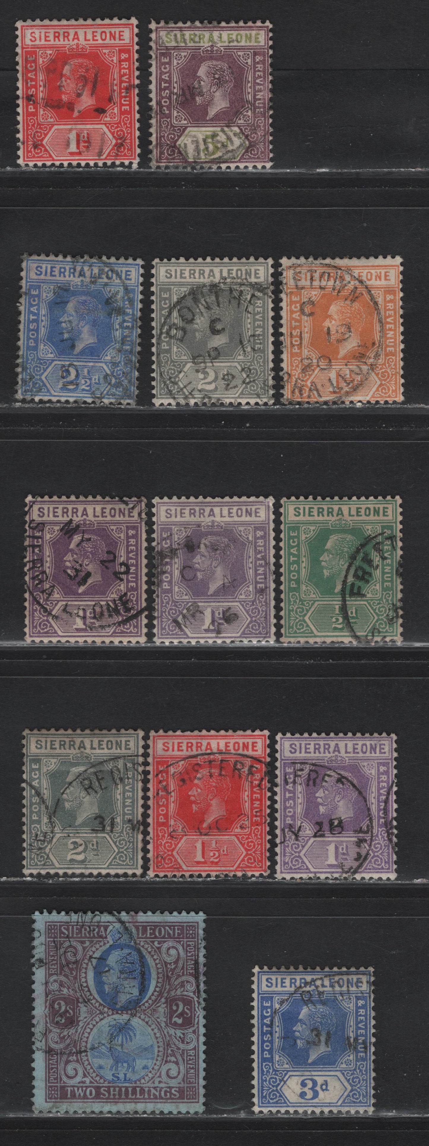 Lot 112 Sierra Leone (C) SG#113a, 114a, 115, 111a, 118, 125, 131, 132,a, 133-134, 136 1d - 2/- Scarlet - Blue & Purple King George V, 1912-1927 KGV Imperium Keyplates Issue, 13 Fine/Very Fine Used Singles, Multiple Crown CA & Multiple Script CA Wmks
