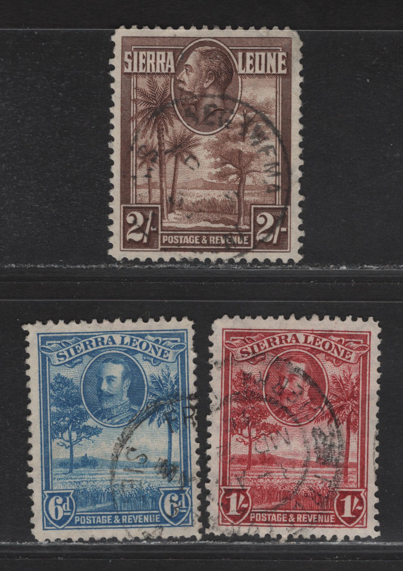 Lot 114 Sierra Leone (C) SG#162-164 6d - 2/- Light Blue - Chocolate King George V, 1932 KGV Rice Field Definitive Issue, 3 Fine/Very Fine Used Singles