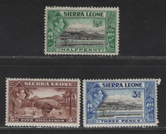 Lot 115 Sierra Leone (C) SG#188, 192, 198 1/2d - 5/- Black & Blue Green  - Red Brown King George VI, 1938-1944 KGVI Pictorial Issue, 3 VFOG Singles, Wartime Printings