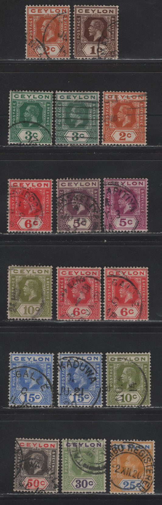 Lot 120 Ceylon (C) SG#301-307, 309-310a, 311-a, 312a, 313a, 314 1c - 50c Brown - Black & Scarlet King George V, 1912-1925 KGV Imperium Keyplae Issue, 17 Fine/Very Fine Used Singles, Multiple Crown CA Wmk