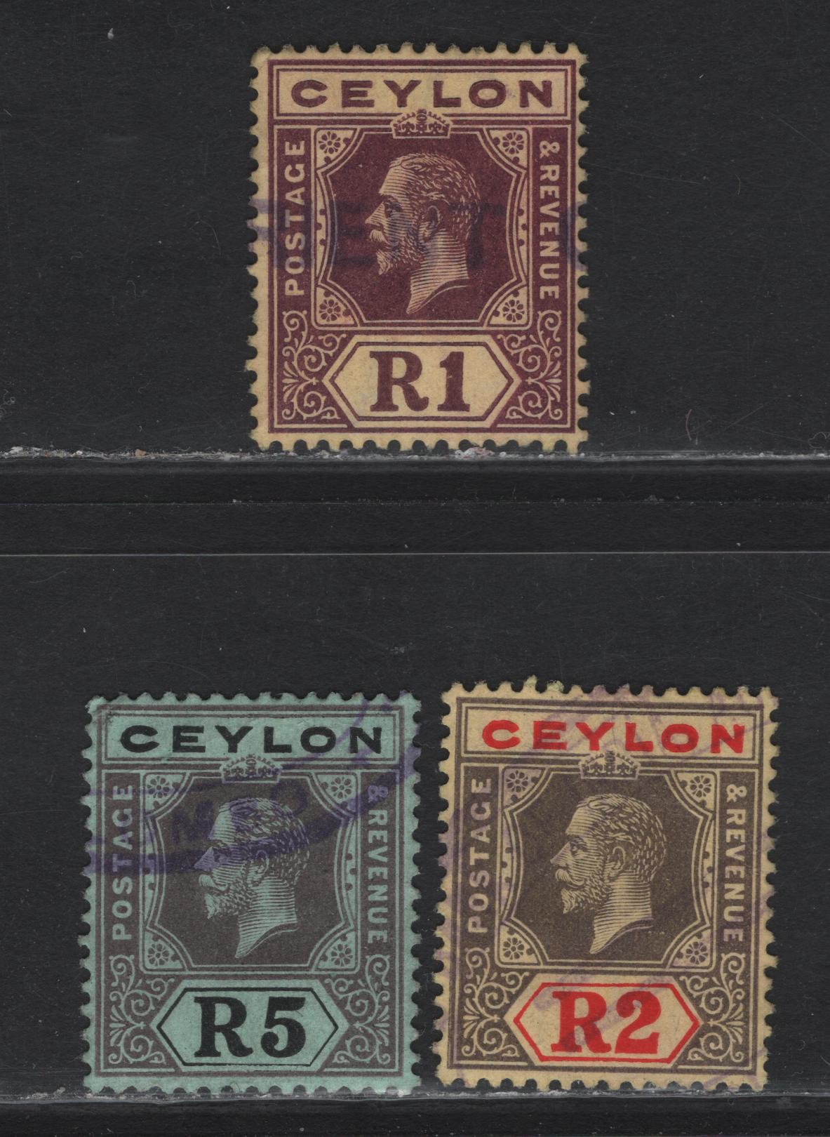 Lot 121 Ceylon (C) SG#315b, 316b, 317 1r - 5r Purple on Lemon - Black on Green King George V, 1912-1925 KGV Imperium Keyplate Issue, 3 Fine/Very Fine Used Singles, Fiscal Cancels