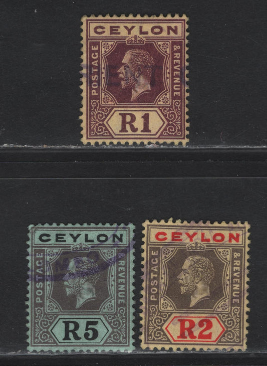 Lot 121 Ceylon (C) SG#315b, 316b, 317 1r - 5r Purple on Lemon - Black on Green King George V, 1912-1925 KGV Imperium Keyplate Issue, 3 Fine/Very Fine Used Singles, Fiscal Cancels