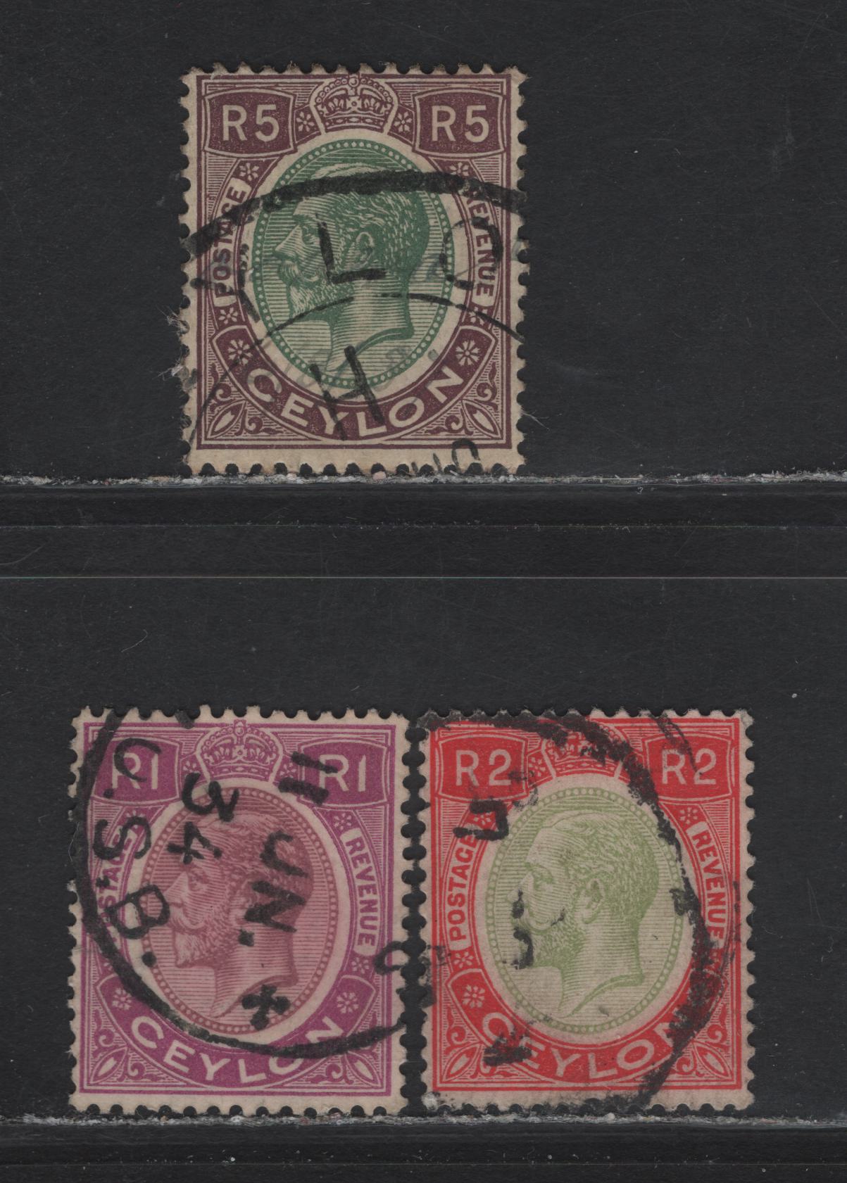 Lot 123 Ceylon (C) SG#363-365 1r - 5r Dull & Bright Purple - Green & Dull Purple King George V, 1927 KGV Issue, 3 Fine/Very Fine Used Singles