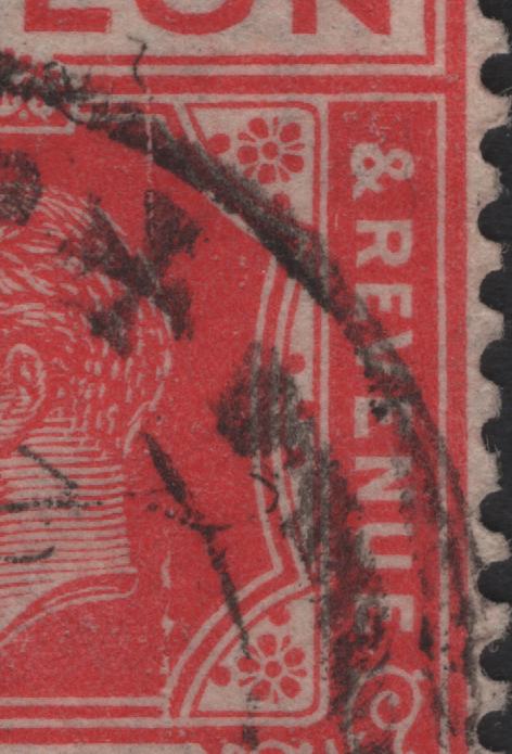 Lot 124 Ceylon (C) SG#342var 6c Carmine Red King George V, 1921-1932 KGV Issue, A Fine Used Single, Die 2, Showing Vertical Scratches Through The Design, An Unusual And Striking Plate Flaw, Unlisted.