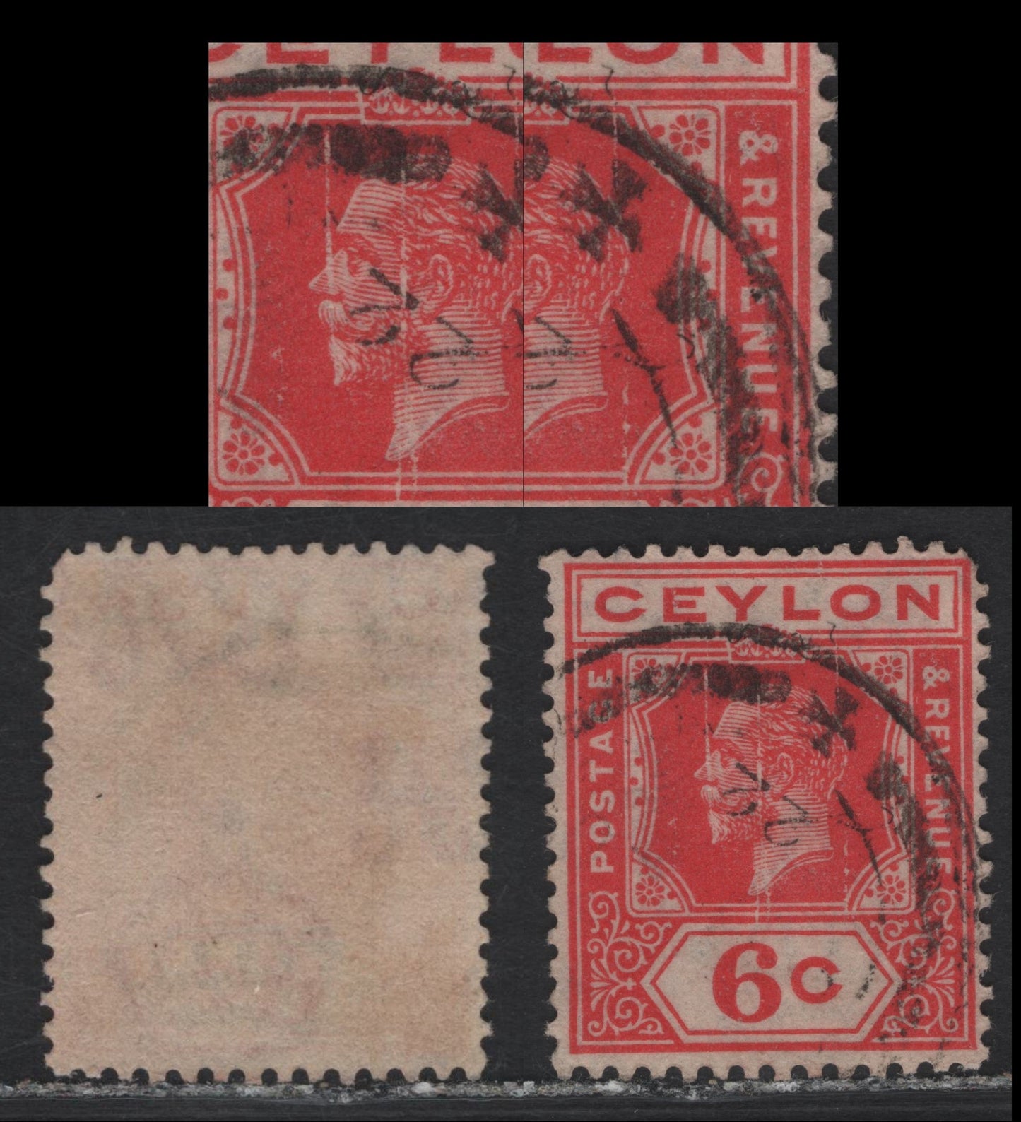 Lot 124 Ceylon (C) SG#342var 6c Carmine Red King George V, 1921-1932 KGV Issue, A Fine Used Single, Die 2, Showing Vertical Scratches Through The Design, An Unusual And Striking Plate Flaw, Unlisted.