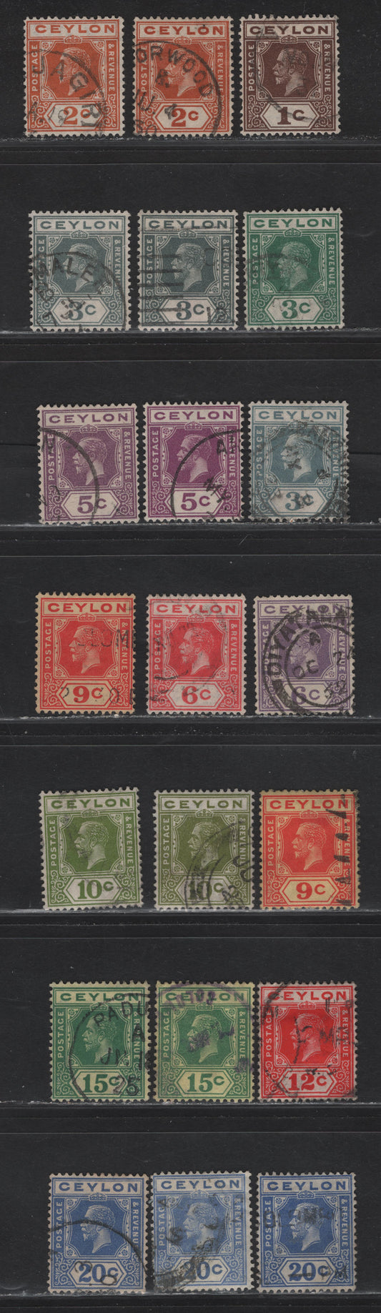 Lot 125 Ceylon (C) SG#338-346b, 347a, 349-a, 350, 350b 1c - 20c Brown - Bright Blue King George V, 1921-1932 KGV Imperium Keyplates Issue, 21 Fine/Very Fine Used Singles, Multiple Script CA Wmk, Some Shade Varieties