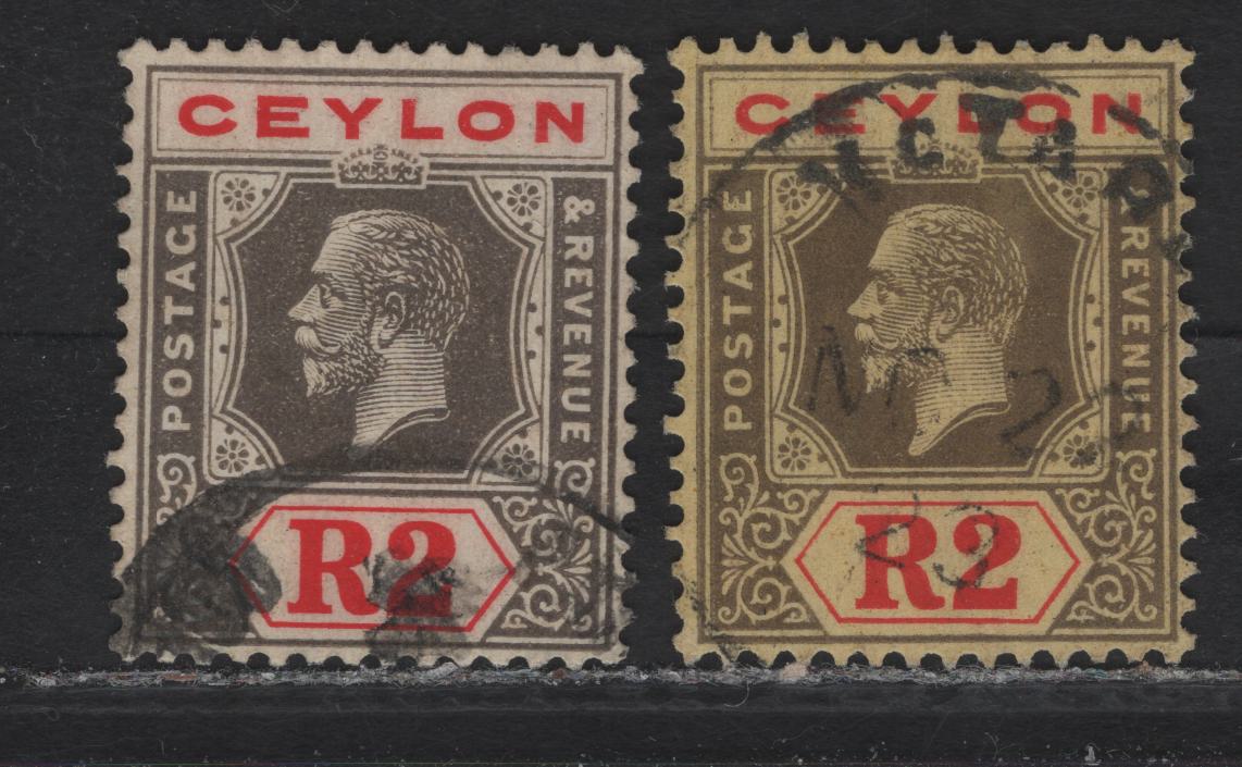 Lot 130 Ceylon (C) SG#355 2r Gray Black & Red on Yellow King George V, 1921-1932 KGV Imperium Keyplates Issue, 2 Very Fine Used Singles, Multiple Script CA Wmk