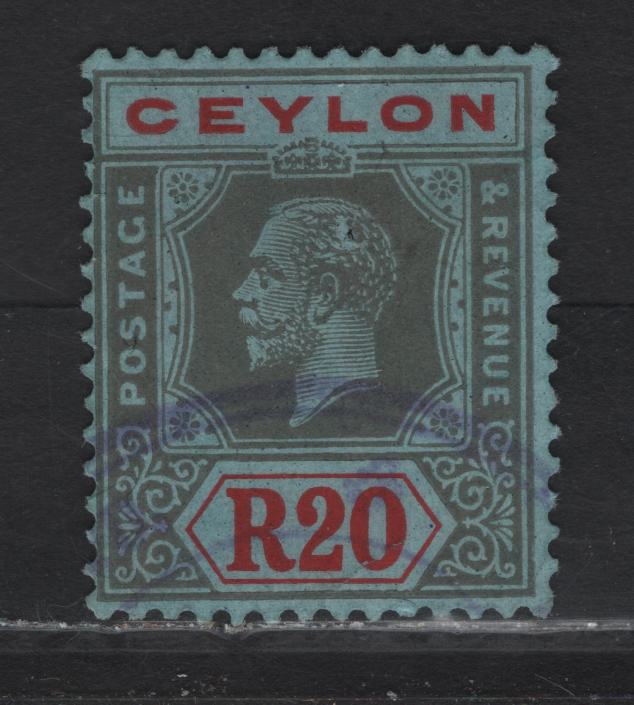 Lot 132 Ceylon (C) SG#357 20r Black & Red on Blue King George V, 1921-1932 KGV Imperium Keyplates Issue, A Good Used Single, Scarce High Value, Fiscal Cancel & Tiny Hole In Kings Head