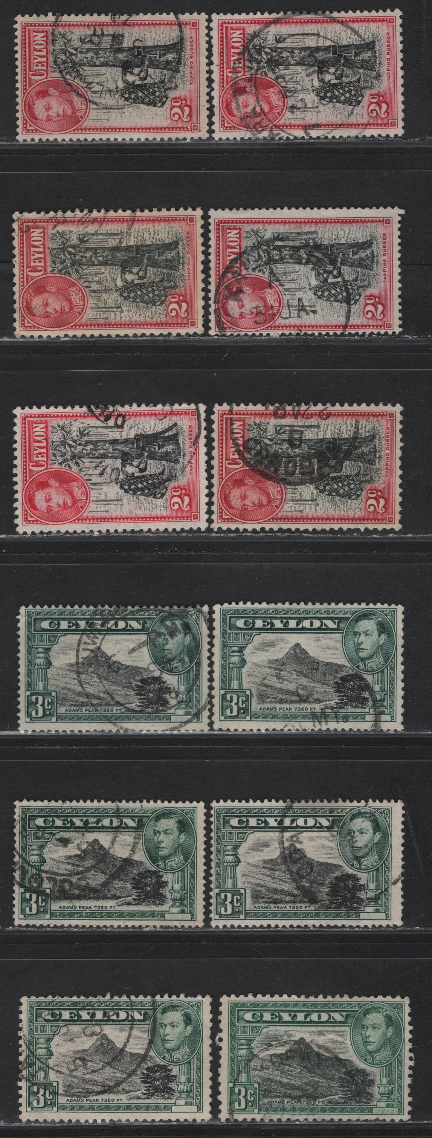 Lot 134 Ceylon (C) SG#386-386d, 387-e 2c - 3c Black & Carmine - Black & Deep Blue Green King George VI, 1938-1949 KGVI Pictorial Issue, 12 Fine/Very Fine Used Singles, All Listed Perfs In Gibbons, Extra Shade Of 2c & Perf 11x11.5
