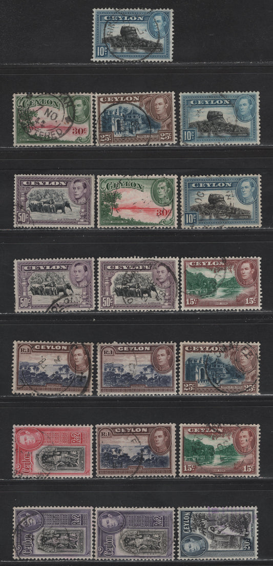Lot 135 Ceylon (C) SG#389-a, 390-a, 391-392a, 393-b, 394b,e, 395-a, 396, 396b 10c - 2r Black & Light Blue - Black & Violet King George VI, 1938-1949 KGVI Pictorial Issue, 19 Fine/Very Fine Used Singles, Shade Varieties, Upright & Sideways Wmks
