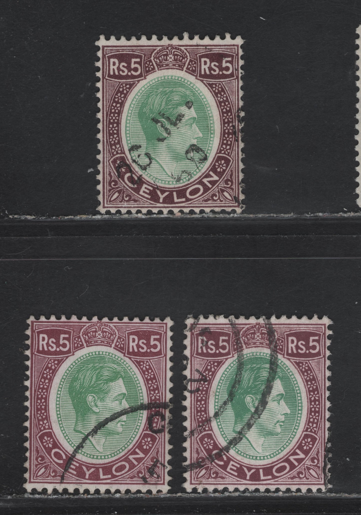 Lot 136 Ceylon (C) SG#397 5r Bright Reddish Purple & Green/Bluish Green - Purple Brown & Dull Green King George VI, 1938-1949 KGVI Pictorial Issue, 3 Fine/Very Fine Used Singles, Chalky Paper