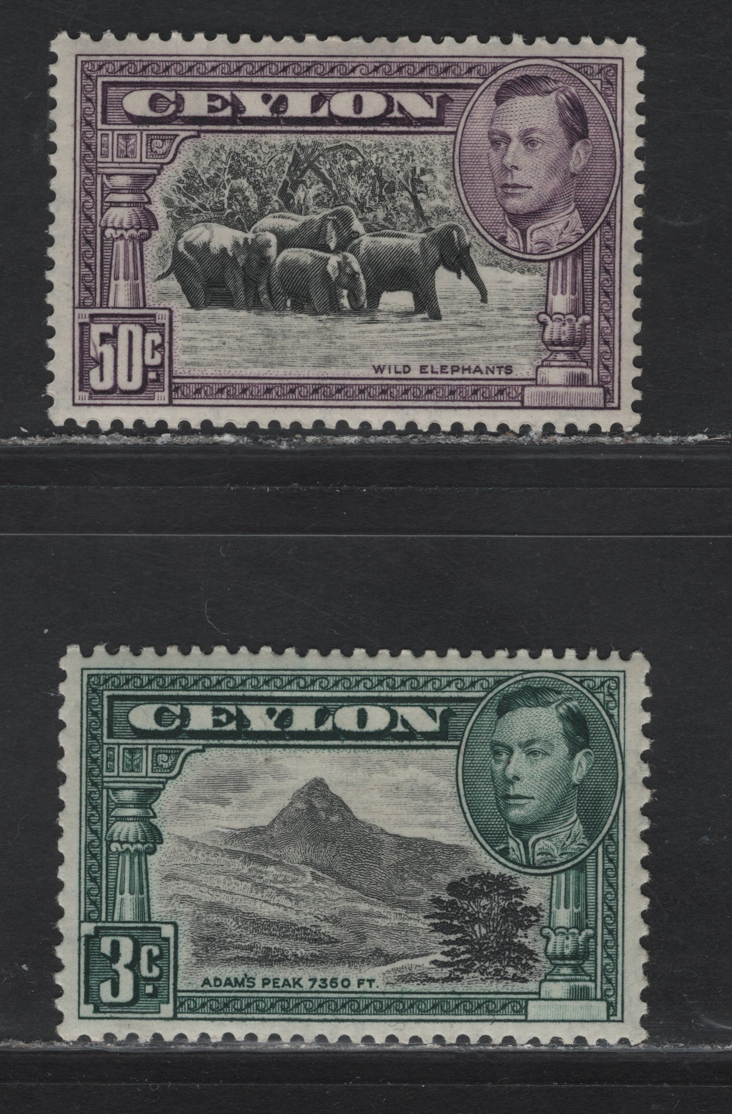 Lot 137 Ceylon (C) SG#387, 394b 3c - 50c Black & Deep BlueGreen - Black & Mauve King George VI, 1938-1952 KGVI Pictorial Issue, 2 VFOG Singles, Perfs 13x11.5 & 13.5, 1938 Printings