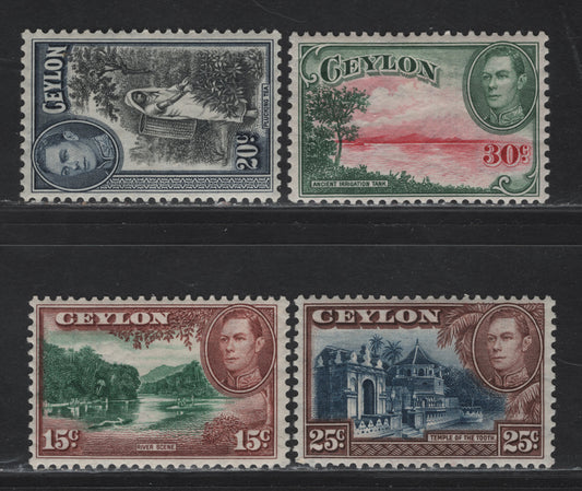 Lot 138 Ceylon (C) SG#390-393 15c - 30c Green & Red Brown - Carmine & Green King George VI, 1938-1952 KGVI Pictorial Issue, 4 VFOG Singles, 1938 Printings With Upright (20c) & Sideways Wmks (Rest)
