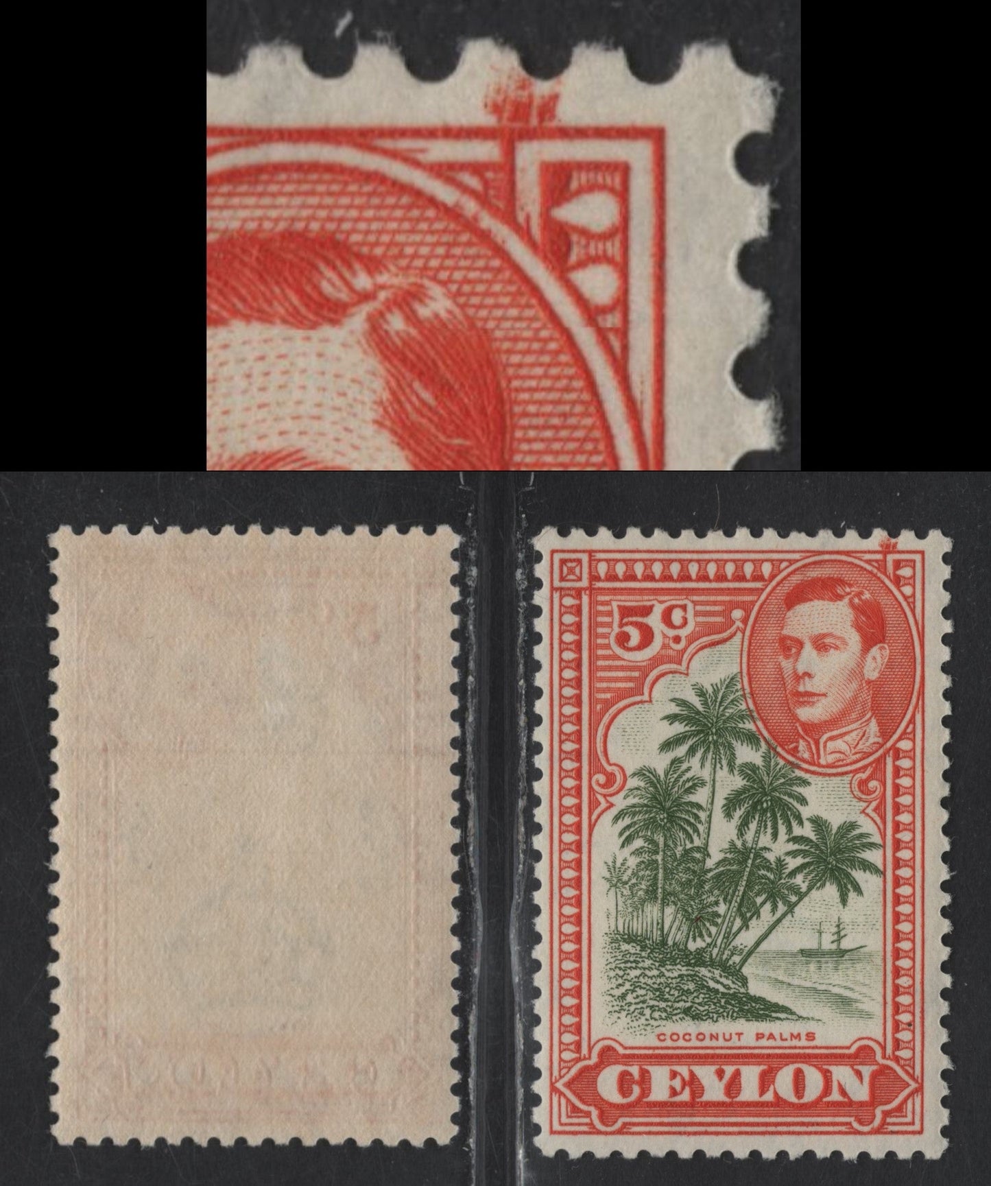 Lot 139 Ceylon (C) SG#387g 5c Sage Green & Orange King George VI, 1938-1952 KGVI Pictorial Issue, A FOG Single, Perf 12x13, Large Burr In UL Corner, Very Unusual On A De La Rue Printing, Very Likely Constant.