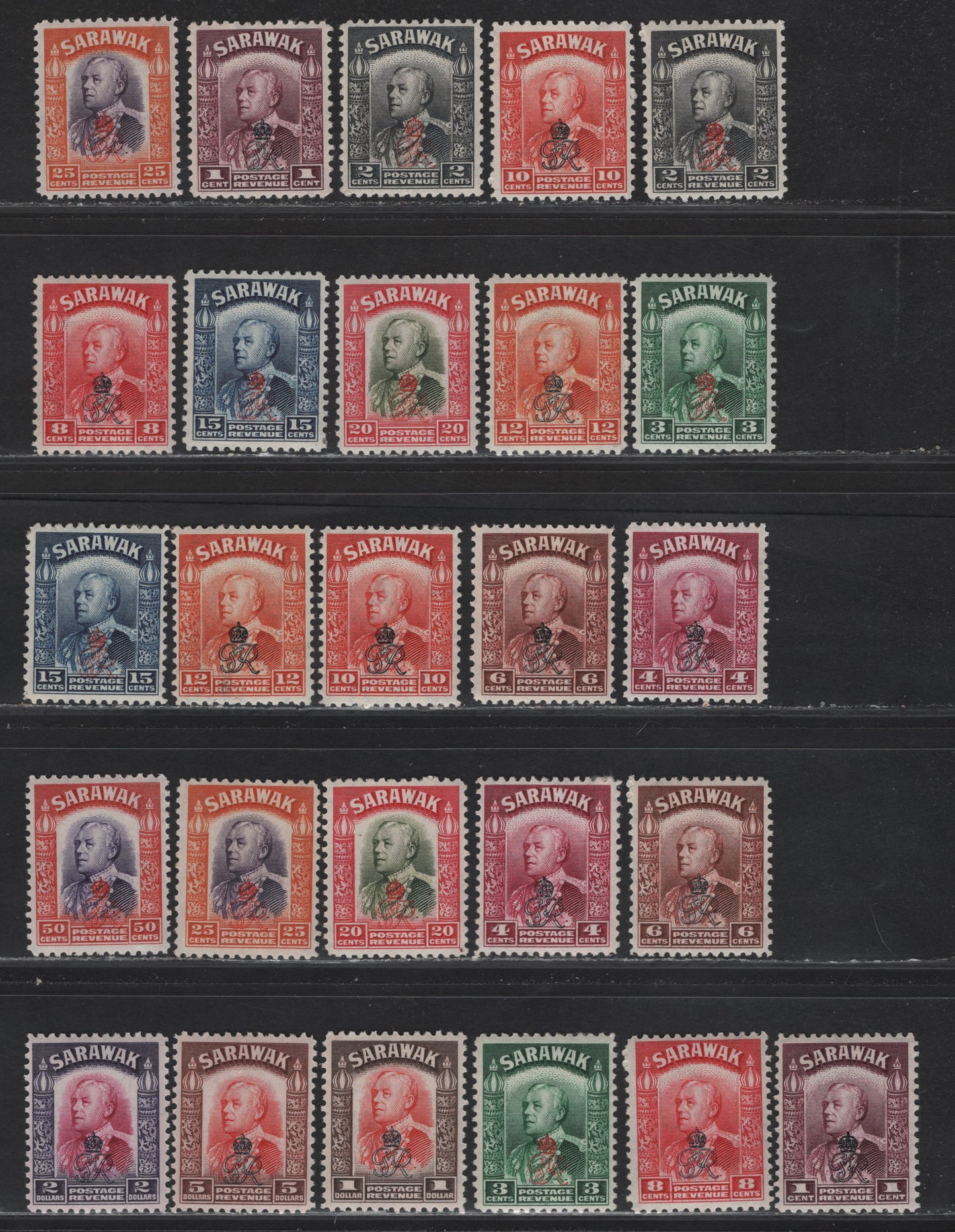 Lot 140 Sarawak (C) SG#150-164 1c - $5 Purple - Scarlet & Red Brown Vyner Brooke, 1947 Vyner Brooke Issue, 26 VFOG/NH Singles, Crown Colony Overprints, Extra Hinged Examples of Some Low Values