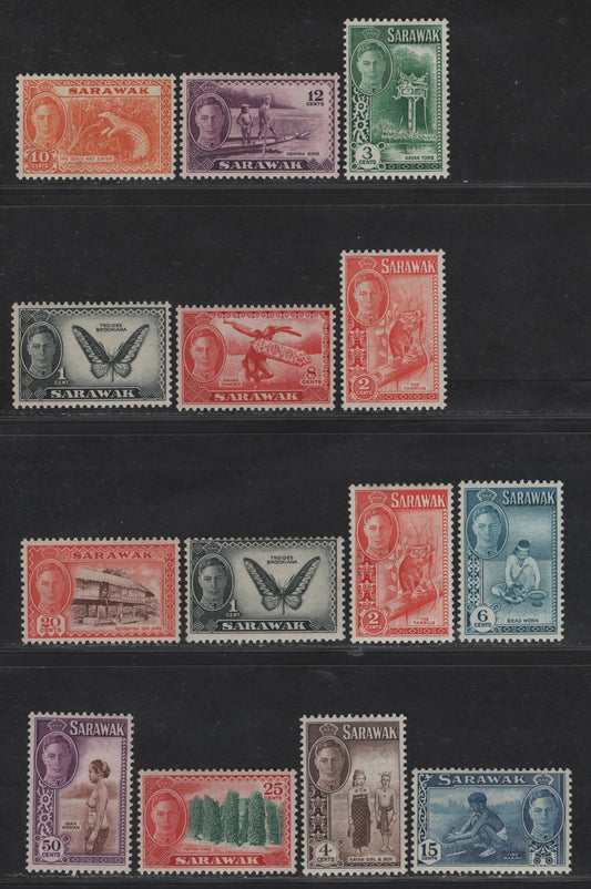 Lot 142 Sarawak (C) SG#171-182 1c - 50c Black - Brown & Violet King George VI, 1950 KGVI Pictorial Issue, 14 F/VFOG Singles, Extra Shades Of 1c & 2c