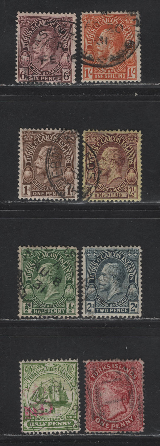 Lot 144 Turks & Caicos Islands (C) SG#62, 101, 176-177, 179-180, 182-183 1d - 1/- Crimson Lake - Brown Orange Queen Victoria - King George V, 1889-1928 Queen Victoria Courbould Heads - Postage & Revenue Issues, 8 Fine/Very Fine Used Singles