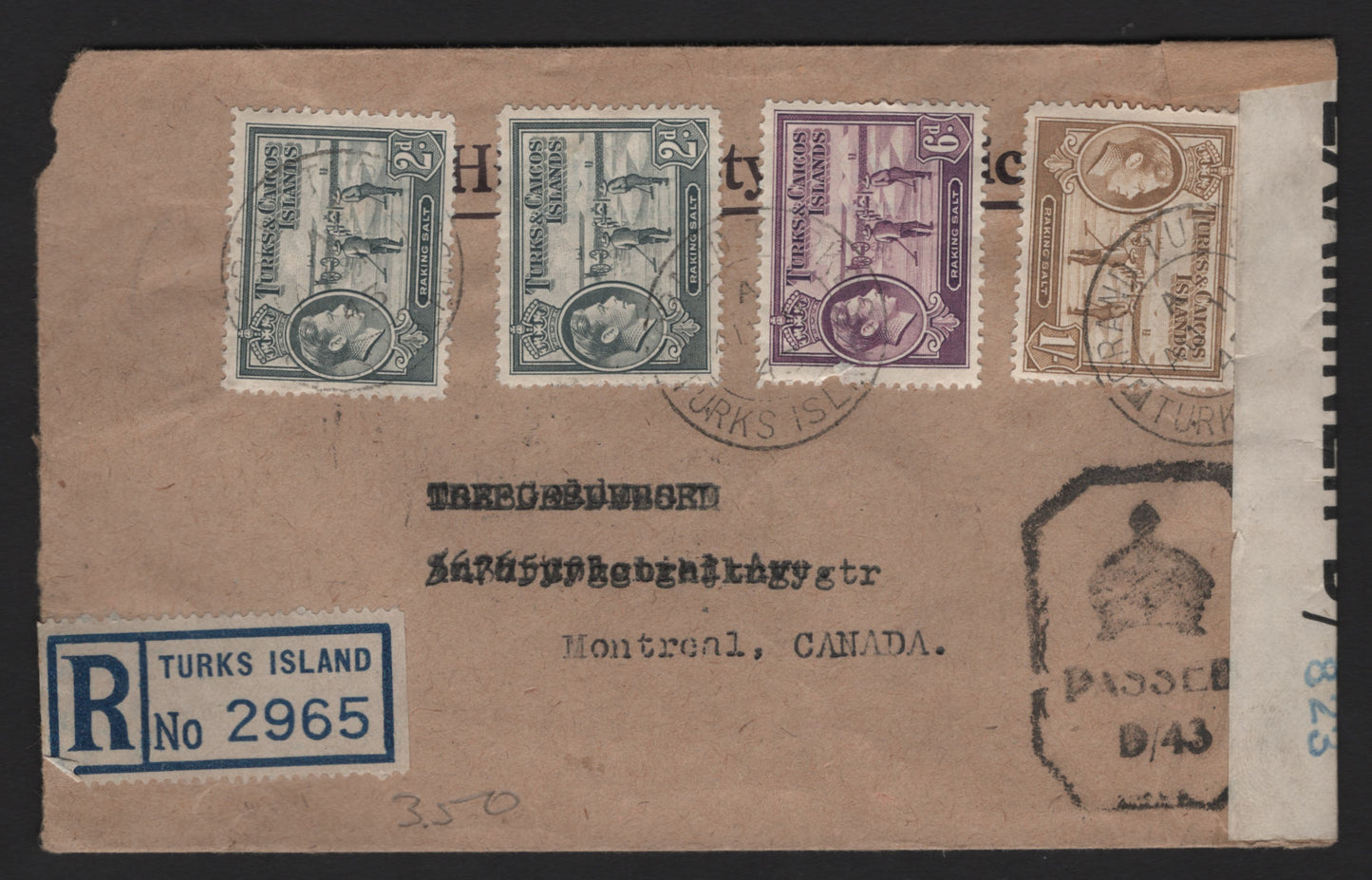 Lot 148 Turks & Caicos Islands (C) SG#198, 201-202 2d - 1/- Gray - Yellow Bistre King George VI, 1938-1950 KGVI Definitive Issue, A Very Fine Used Cover, Franked With 4 Singles, August 11 1943 Censored Cover To Montreal, Censor Tap & Handstamps On Front