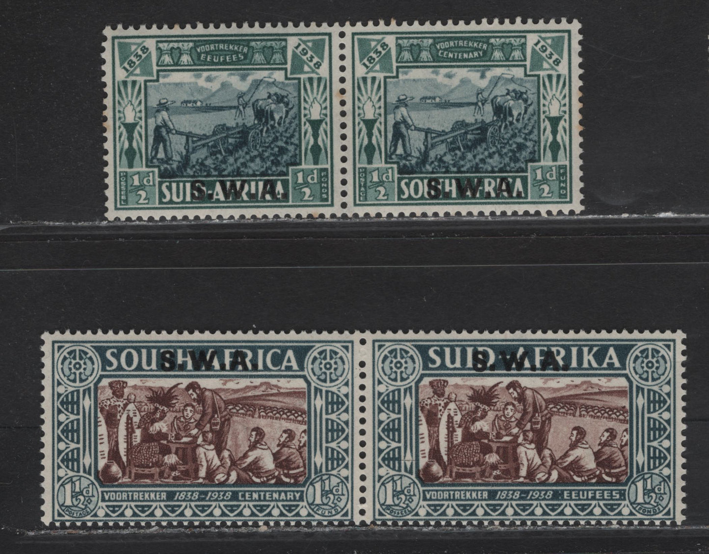 Lot 151 South-West Africa (C) SG#105, 107 1/2d+1/2d - 1.5d+1.5d Blue & Green - Chocolate & Blue Green Voortrekker, 1938 Voortrekker Centenary Memorial Issue, 2 F/VFNH Pairs