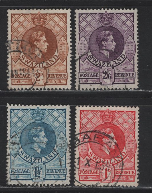Lot 160 Swaziland (C) SG#29a, 30b, 31a, 36b 1d - 2/6 Rose-Red - Reddish Violet King George VI, 1938-1954 KGVI Definitive Issue, 4 Very Fine Used Singles, Perf 13.5x14