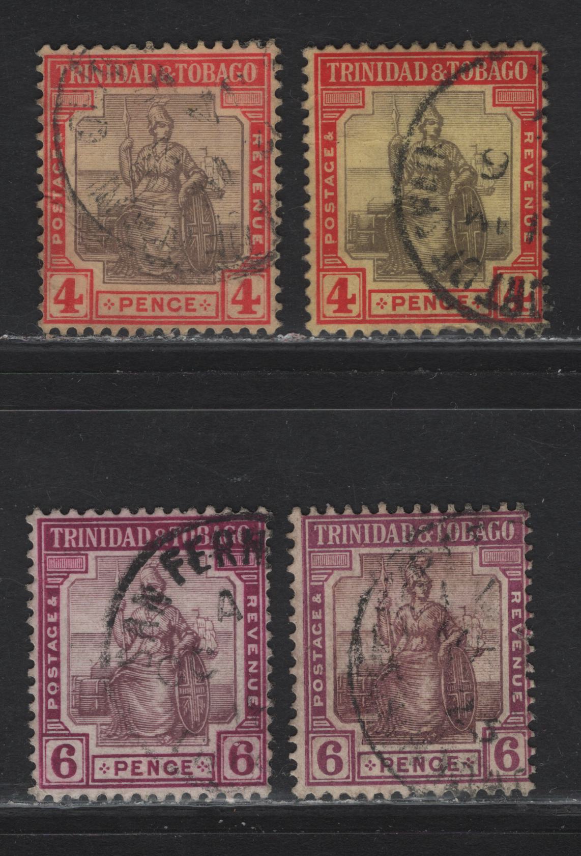 Lot 161 Trinidad & Tobago (C) SG#152, 152d, 153-a 4d - 6d Gray Black & Red on Yellow - Dull & Reddish Purple Britannia, 1913-1923 Britannia Keyplates Issue, 4 Fine/Very Fine Used Singles, Multiple Crown CA Wmk