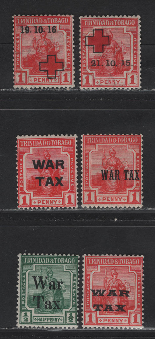 Lot 163 Trinidad & Tobago (C) SG#174-176, 182, 186-187 1/2d - 1d Green - Red & Scarlet Red Cross & War Tax, 1915-1918 Red Cross & War Tax Overprinted Issue, 6 F/VFOG Singles