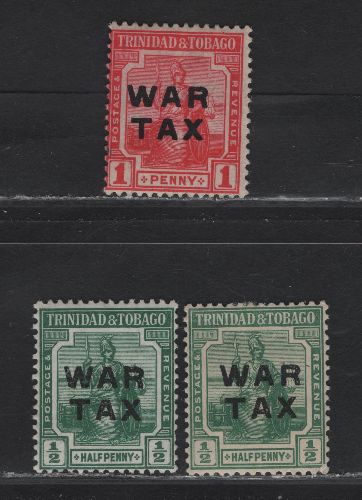 Lot 164 Trinidad & Tobago (C) SG#183-a, 184 1/2d - 1d Deep Green - Red Overprinted Britannia, 1917 War Tax OverprintedIssue, 3 FOG Singles, Closer Spacing Between overprinted Lines, Pale Yellow Green Shade is Unpriced In Gibbons