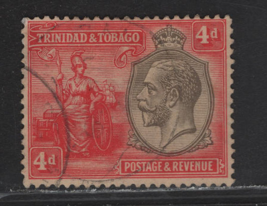 Lot 166 Trinidad & Tobago (C) SG#216 4d Brownish Green & Red King George V - Britannia, 1922-1928 KGV & Britannia Keyplates Issue, A Fine Used Single, Multiple Crown CA Wmk