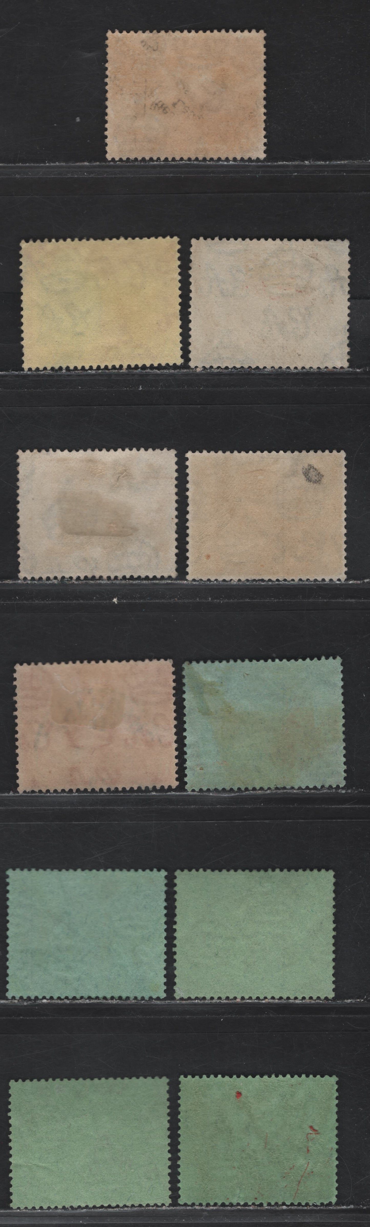 Lot 167 Trinidad & Tobago (C) SG#220b, 222-227 1.5d - 1/- Scarlet - Black on Emerald King George V - Britannia, 1922-1928 KGV & Britannia Keyplates Issue, 11 Fine/Very Fine Used Singles, Script CA Wmk, Including Shade Variations Of the 2d & 1/-