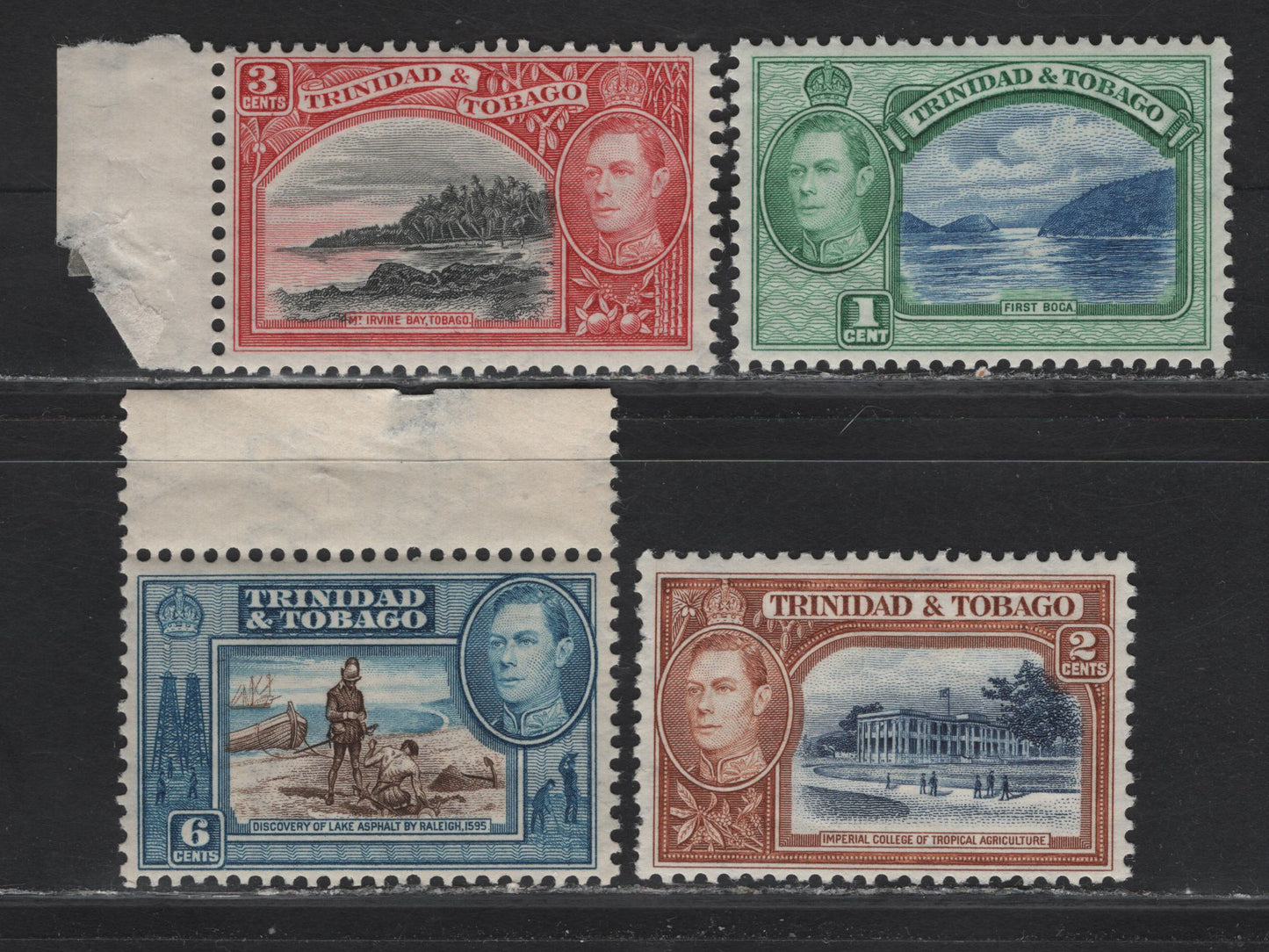 Lot 169 Trinidad & Tobago (C) SG#246-248, 250 1c - 6c Blue & Emerald - Sepia & Blue King George VI, 1938-1944 KGVI Pictorial Issue, 4 F/VFOG Singles, 1938 Printings With Upright (20c) & Sideways Wmks (Rest), Streaky Gum That Has Some Minor Toning