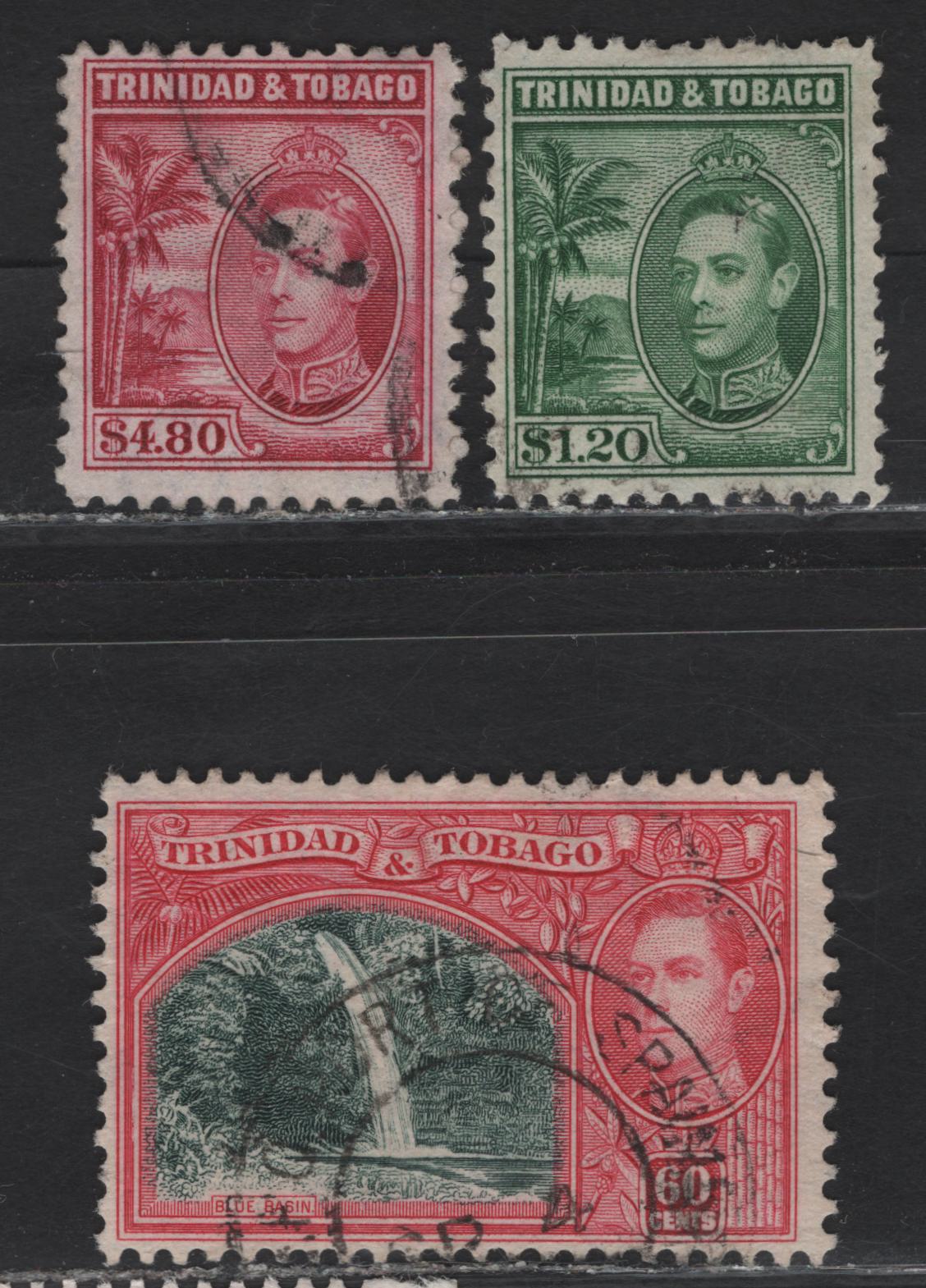 Lot 174 Trinidad & Tobago (C) SG#254-256 60c - $4.80 Myrtle Green & Carmine - Rose Carmine King George VI, 1938-1944 KGVI Pictorial Issue, 3 Fine Used Singles