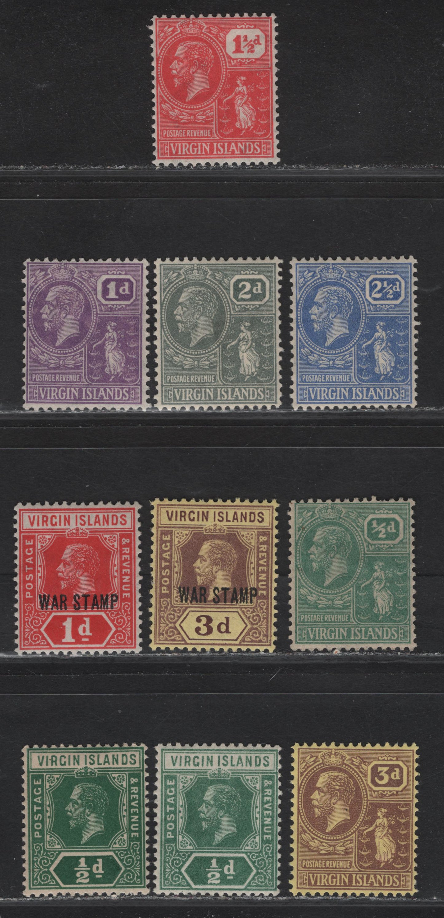 Lot 175 British Virgin Islands (C) SG#69,b, 78c, 79b, 86, 88, 90, 92, 95-96 1/2d - 3d Green - Purple Brown on Yellow King George V & Ursula, 1913-1928 KGV & Ursula Keyplate Issue, 10 F/VFOG/NH Singles, Multiple Crown CA & Script CA Wmks