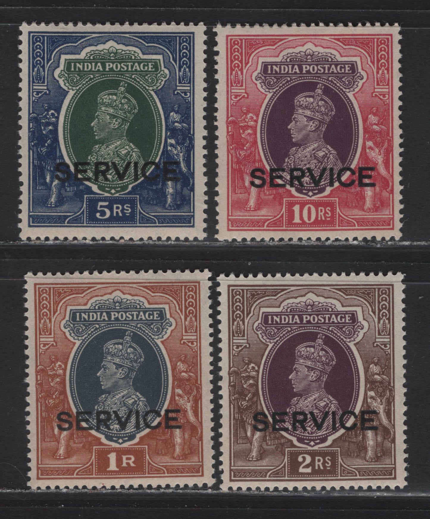 Lot 180 India (C) SG#O135-O138 1r - 10r Gray & Red Brown - Purple & Claret King George VI, 1937-1939 KGVI High Values Overprinted Issue, 4 VFOG Singles