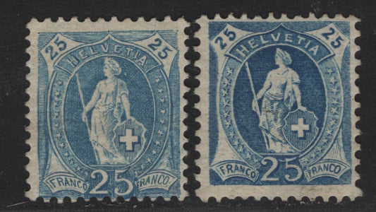 Lot 18 Switzerland SC#94, 94a 25c Blue - Pale Blue Standing Helvetia, 1891-1903 Standing Helvetia Issue, 2 VGNH/FOG Singles, Perfs 11.5x11 & 11.5x12, Wmk II