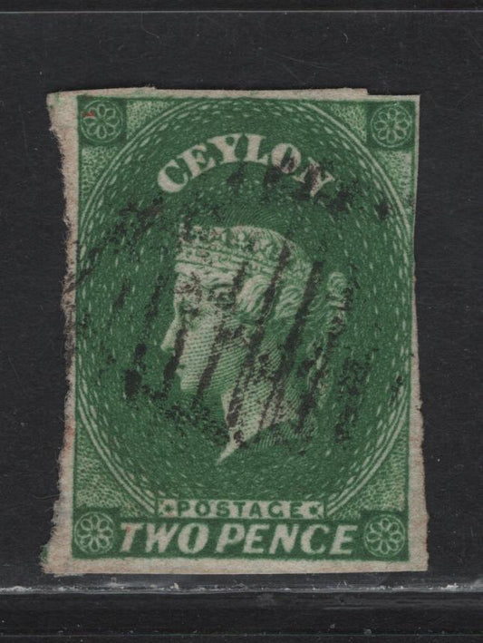 Lot 182 Ceylon (C) SG#3 2d - 1/- Green Queen Victoria, 1857-1859 Imperf Courbould Heads Issue, A Fine Used Single, Large Star Wmk, Full Margins On 3 Sides, Right Margin Is Full To Just Barely Clear At Upper Right.