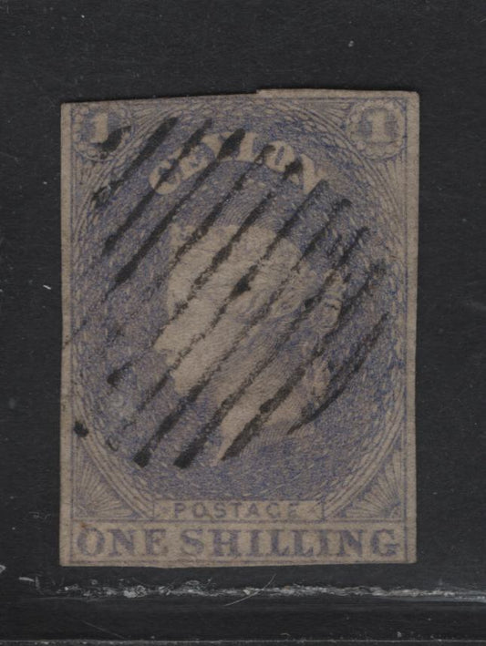 Lot 183 Ceylon (C) SG#10 1/- Slate Violet Queen Victoria, 1857-1859 Imperf Courbould Heads Issue, A Fine Used Single, Large Star Wmk, Full Margins At Left & Right Top & Bottom Margins, Clear To Just Touching.