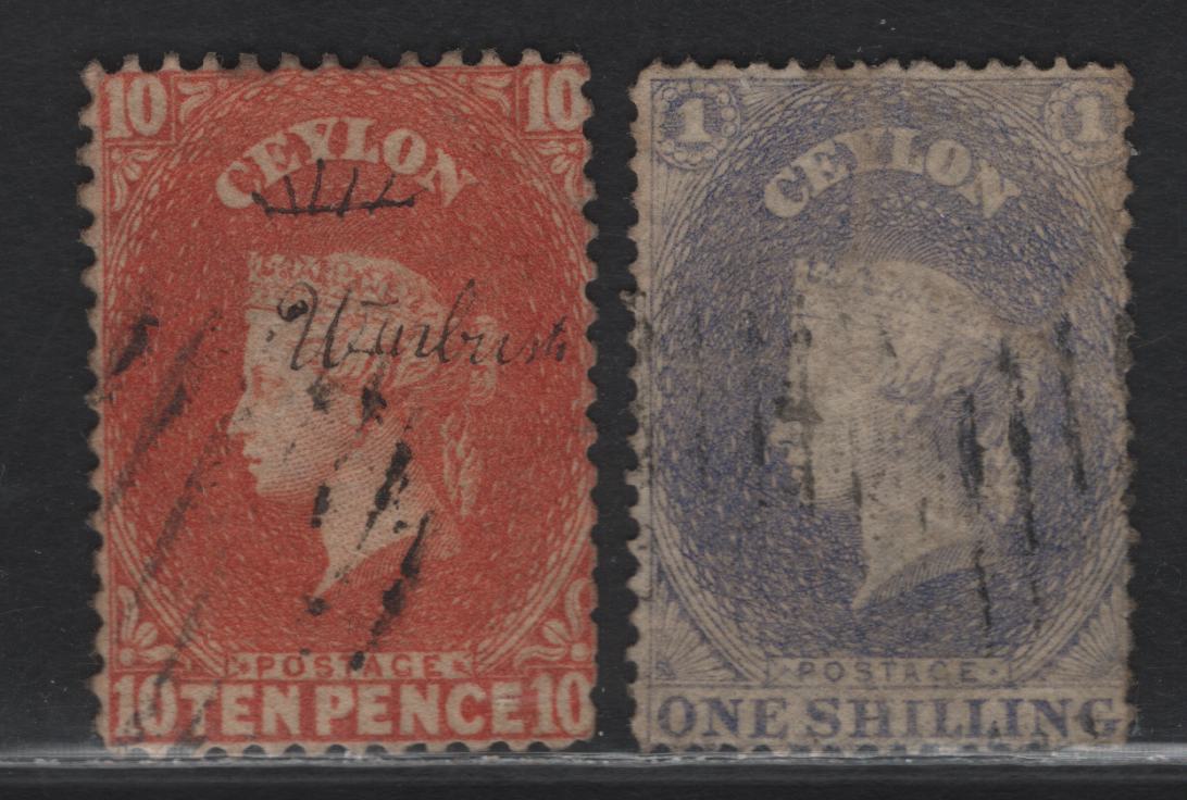 Lot 185 Ceylon (C) SG#26, 38 10c - 1/- Dull Vermillion - Slate Violet Queen Victoria, 1861-1864 Courbould Heads Issue, 2 Fine Used Singles, Large Star Wmk, VF Centering For This Issue