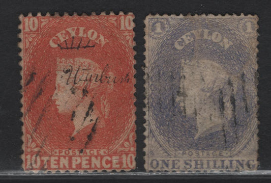 Lot 185 Ceylon (C) SG#26, 38 10c - 1/- Dull Vermillion - Slate Violet Queen Victoria, 1861-1864 Courbould Heads Issue, 2 Fine Used Singles, Large Star Wmk, VF Centering For This Issue