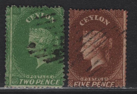 Lot 187 Ceylon (C) SG#55, 70 2d - 5d Yellowish Green - Chestnut Queen Victoria, 1861-1864 Courbould Heads Issue, 2 Very Good/Fine Used Singles, Clean Cut Perf 14-15.5, Large Star Wmk