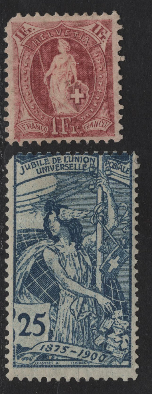Lot 19 Switzerland SC#87a, 100 1fr - 25c Claret - Blue Standing Helvetia - 25th Anniv of UPU, 1891-1900 Standing Helvetia - 25th Anniv of UPU Issues, 2 VGOG Singles, Perfs 11.5x11 & 11.5x12, Wmk Type II