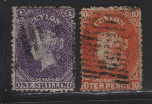 Lot 195 Ceylon (C) SG#70c, 71bx 10d - 1/- Orange - Reddish Violet Queen Victoria, 1863-1870 Courbould Heads Issue, 2 Very Good/Fine Used Singles, Perf 12.5, 21.5mm Crown CC Wmk, Normal & Reversed
