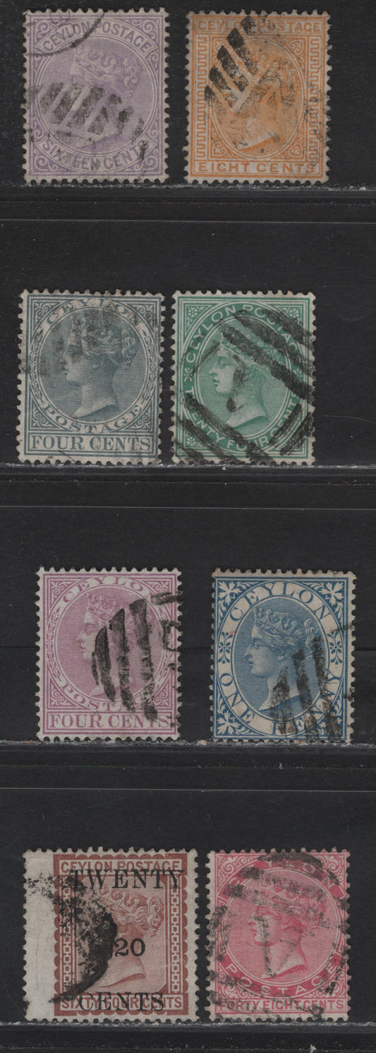 Lot 197 Ceylon (C) SG#61, 122-134, 126-127, 130, 143 1d - 24c Blue - Green Queen Victoria, 1872-1882 Queen Victoria Keyplates Issue, 8 Fine/Very Fine Used Singles, Crown CC Wmks