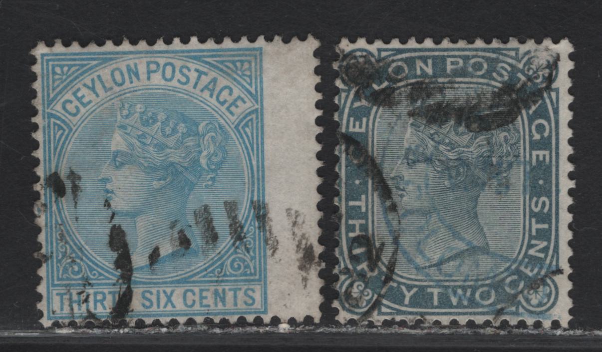 Lot 199 Ceylon (C) SG#128-129 32c - 36c Slate - Blue Queen Victoria, 1872-1880 Queen Victoria Keyplates Issue, 2 Fine Used Singles, Crown CC Wmk