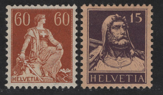 Lot 20 Switzerland SC#140, 172 60c - 15c Brown Orange - Violet on Buff William Tell & Seated Helvetia, 1907-1930 William Tell & Seated Helvetia Keyplates Issues, 2 VFOG Singles