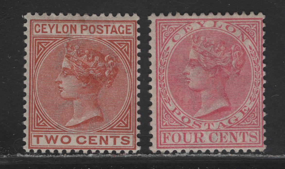 Lot 201 Ceylon (C) SG#149, 256 4C - 2C Rose - Pale Orange Vermillion Queen Victoria, 1883-1900 Queen Victoria Keyplates Issue, 2 FOG & Unused Singles, Crown CA Wmks