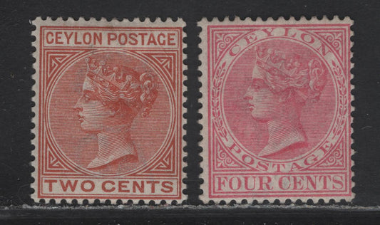 Lot 201 Ceylon (C) SG#149, 256 4C - 2C Rose - Pale Orange Vermillion Queen Victoria, 1883-1900 Queen Victoria Keyplates Issue, 2 FOG & Unused Singles, Crown CA Wmks