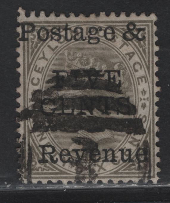 Lot 202 Ceylon (C) SG#159 5c on 96c Drab Queen Victoria, 1885 Surcharges, A Very Fine Used Single, Crown CC Wmk