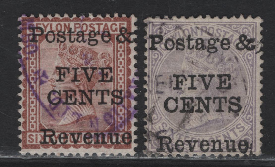 Lot 203 Ceylon (C) SG#158, 180 5c on 6c - 5c on 16c Red Brown - Pale Violet Queen Victoria, 1885 Surcharges, 2 Fine/Very Fine Used Singles, Crown CC & CA Wmks