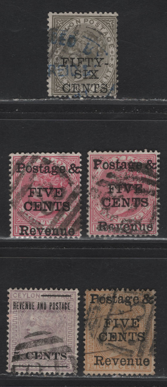 Lot 207 Ceylon (C) SG#170, 178, 178var, 179, 187 56c on 96c - 5c on 8c Drab - Lilac Queen Victoria, 1885 Surcharges, 5 Fine/Very Fine Used Singles, Crown CA Wmks, One 5c on 4c With Broken 'E' On Revenue