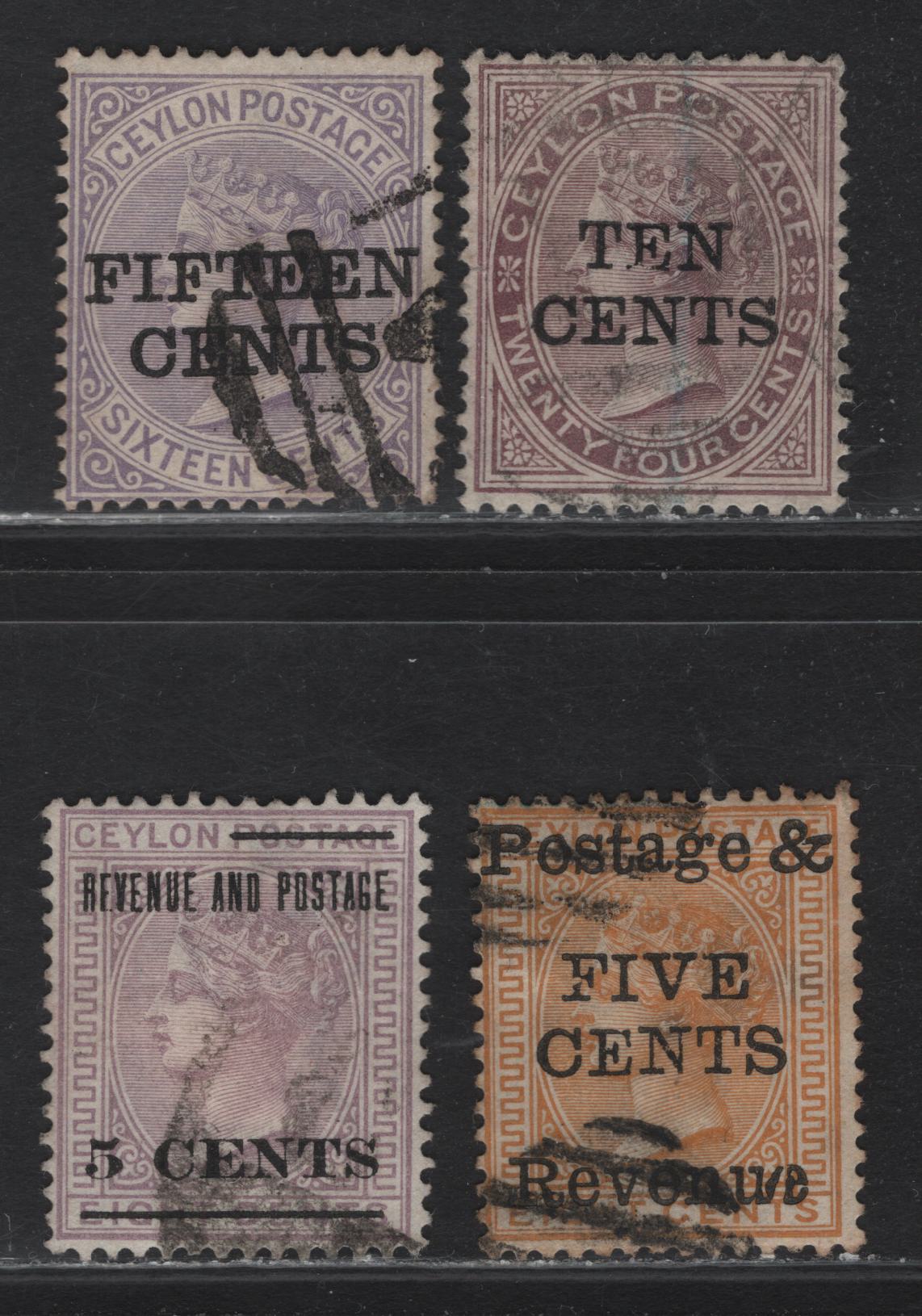 Lot 208 Ceylon (C) SG#179, 185-187 5c on 8c - 15c on 16c Orange Yellow - Pale Violet Queen Victoria, 1885 Surcharges, 4 Fine/Very Fine Used Singles, Crown CA Wmk